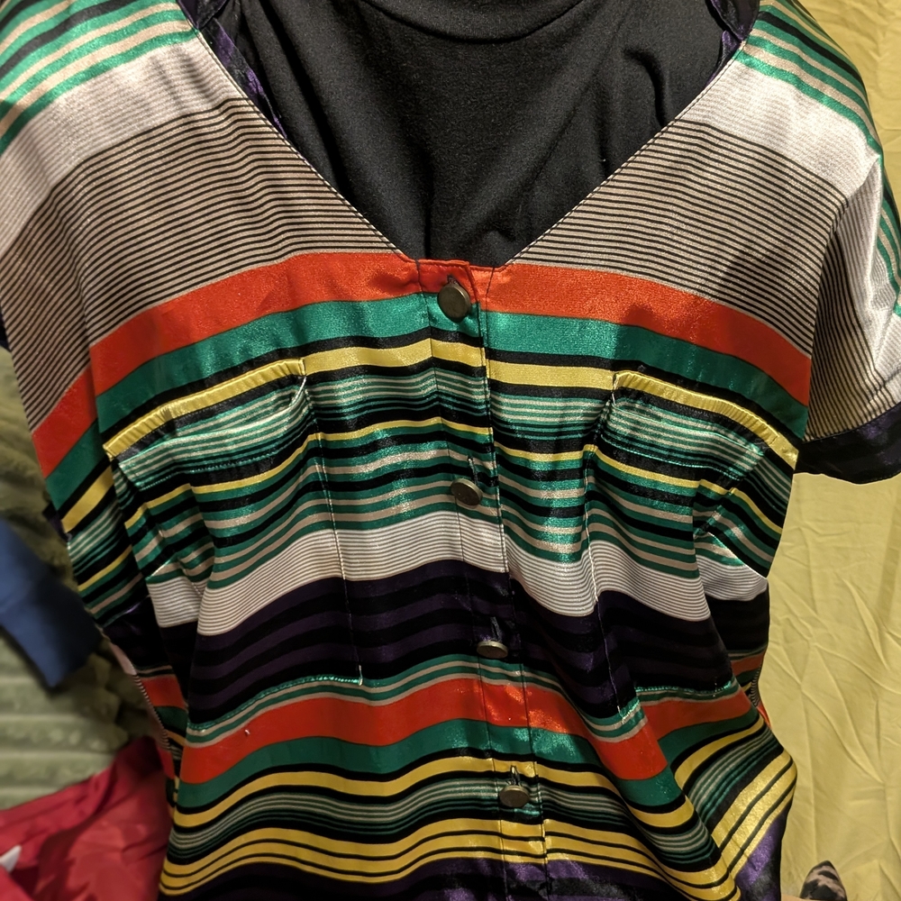 Beverly Drive Multicolor Striped Satin Button-Down Top